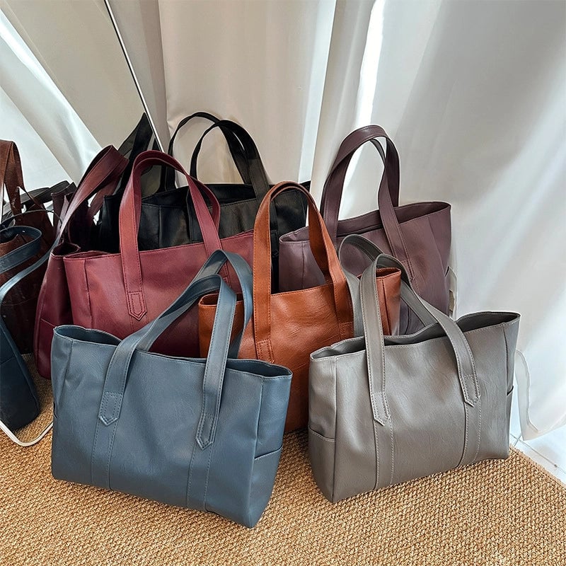 Women's Large Pu Leather Solid Color Classic Style Square Zipper Tote Bag