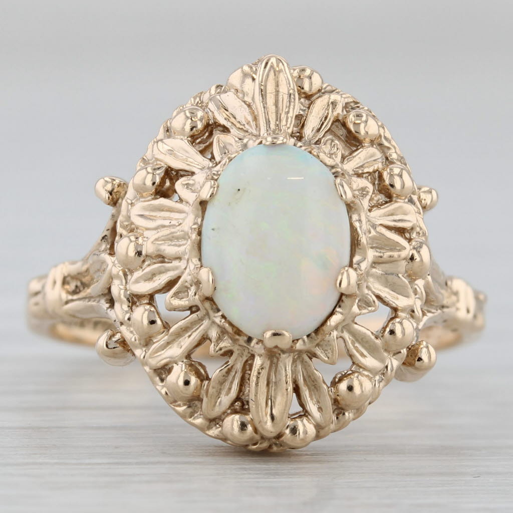 Opal Oval Cabochon Solitaire Ring 10k Yellow Gold Vintage Ornate Size 7