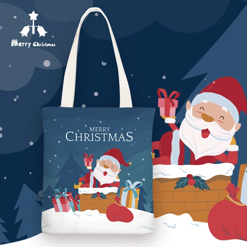 Christmas Women's Medium Canvas Santa Claus Cute Zipper Shoulder Bag Tote Bag