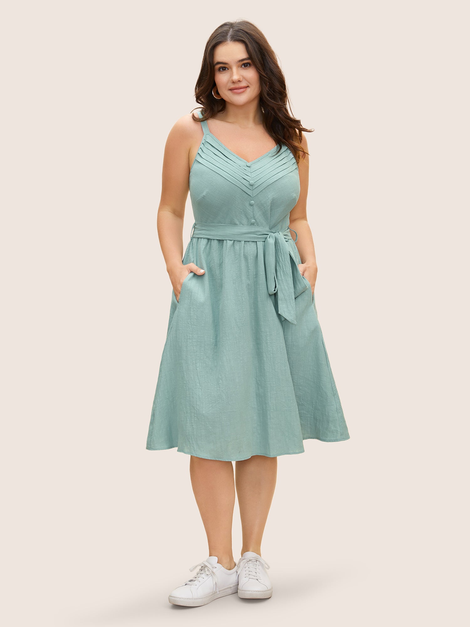 Cotton Solid Pleated Button Detail Belted Dress