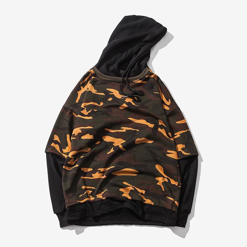 Camouflage Drop Shoulder 2 Layered Hooded Shirt