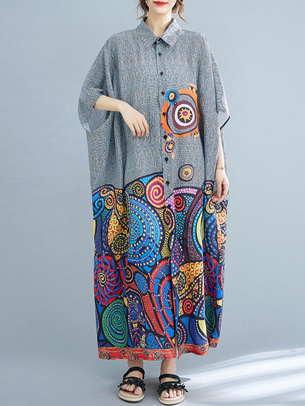 Batwing Sleeves Loose Printed Lapel Midi Dresses