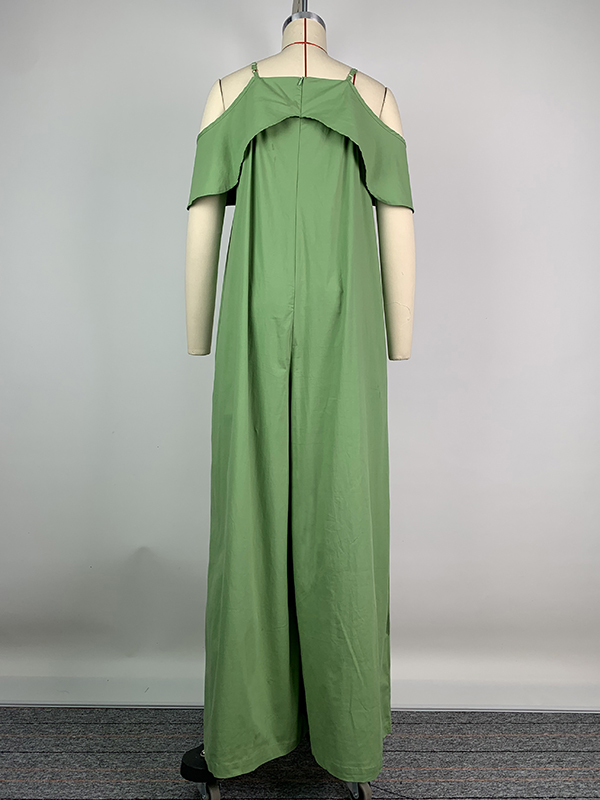 High Waisted Loose Solid Color Zipper Cold Shoulder Jumpsuits