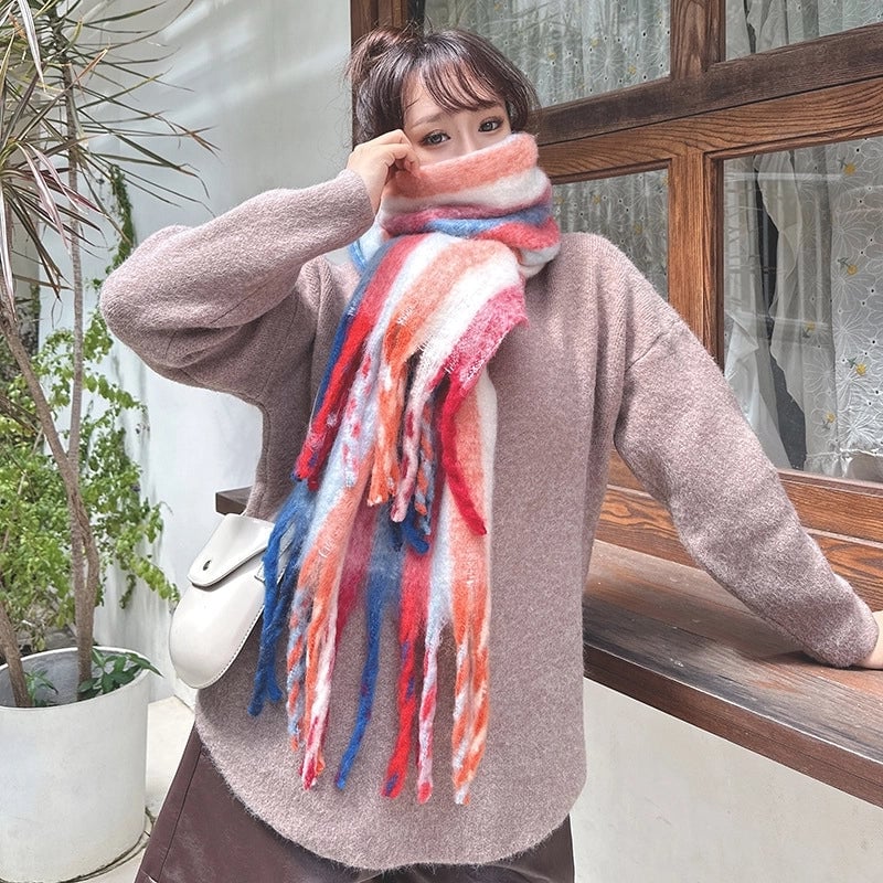 Latest Mohair Striped Tassel Scarf Fashion Geometric Gradient Shawl Versatile Thickened Scarf