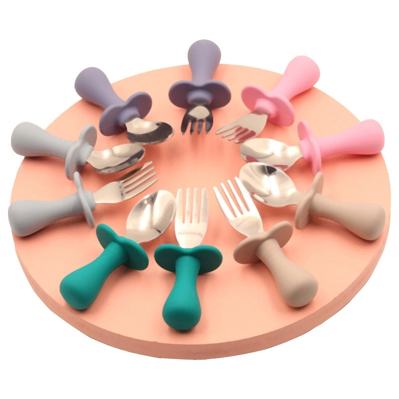 Baby Silicone Fork Spoon Children's Stainless Steel Training Short Fork Spoon Children's Tableware Set Portable Short Handle Fork Spoon