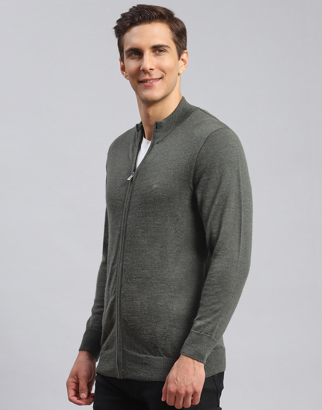 Men Olive Solid Stand Collar Full Sleeve Pullover