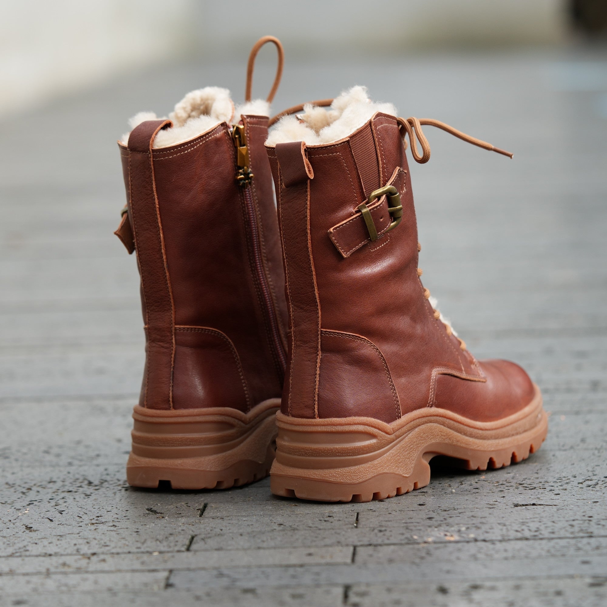 Leather Combat Boots Designer Retro Chunky Riding Boots in Coffee/Black Have Shearling Lined Choice