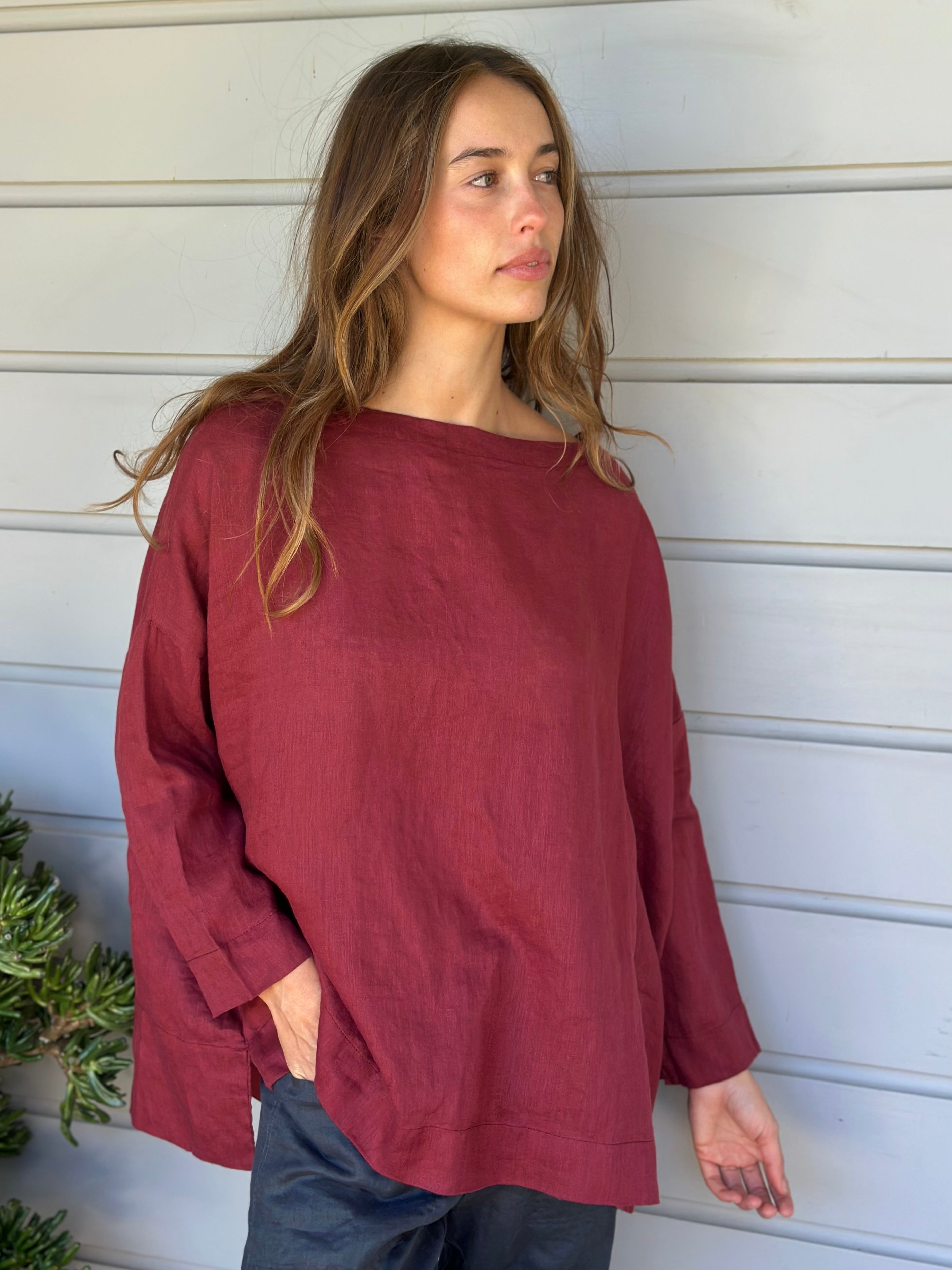 avril top - merlot wine linen