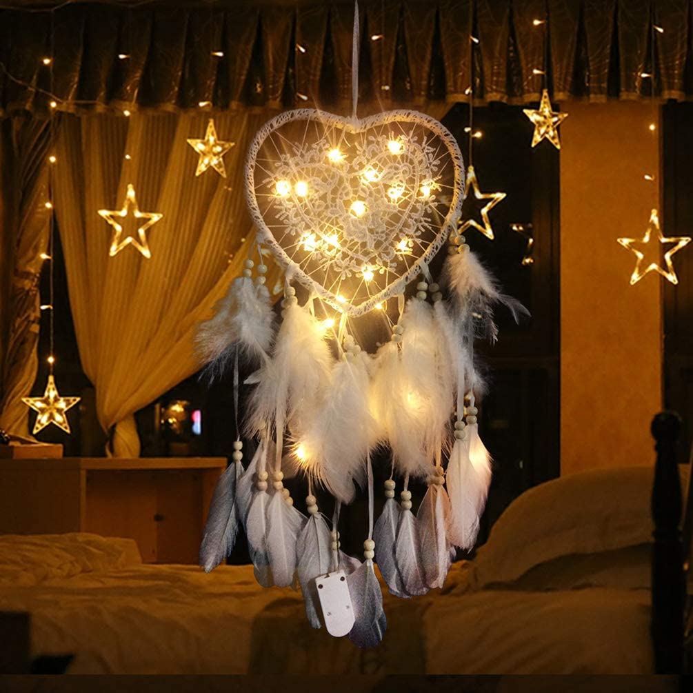 Fancy Dream Catcher With LED String Hollow Hoop Heart Shape Pendant Feathers Handmade Night Light Wall Hanging Home Decor Gift