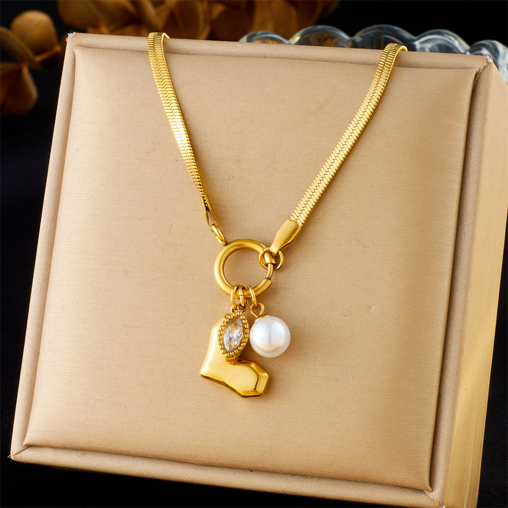 Fashion Retro Gold-Plated Stainless Steel Chain Bow Heart Pearl Pendant Accessories Necklace