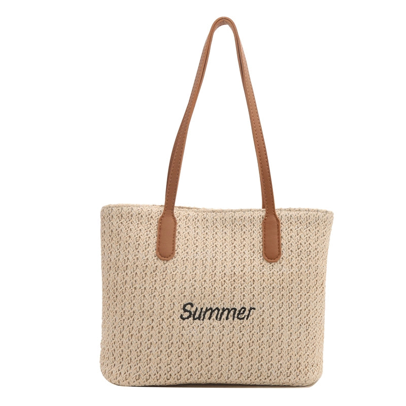 Women's Medium Straw Letter Vacation Beach Weave Zipper Straw Bag
