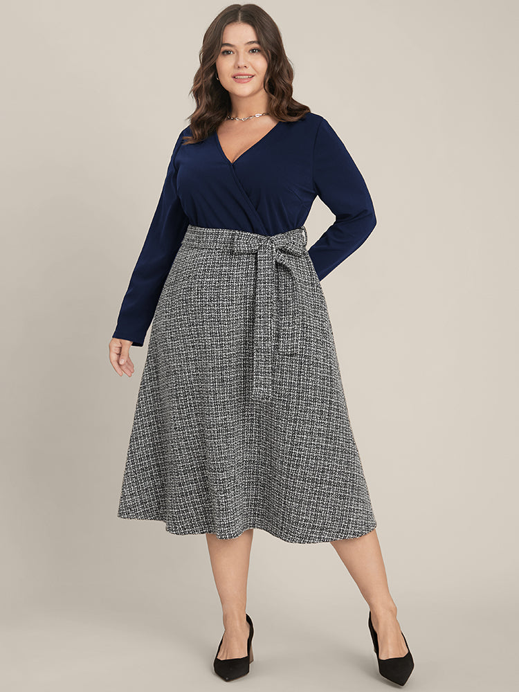 Plaid Patchwork Surplice Neck Belted Tweed Dress