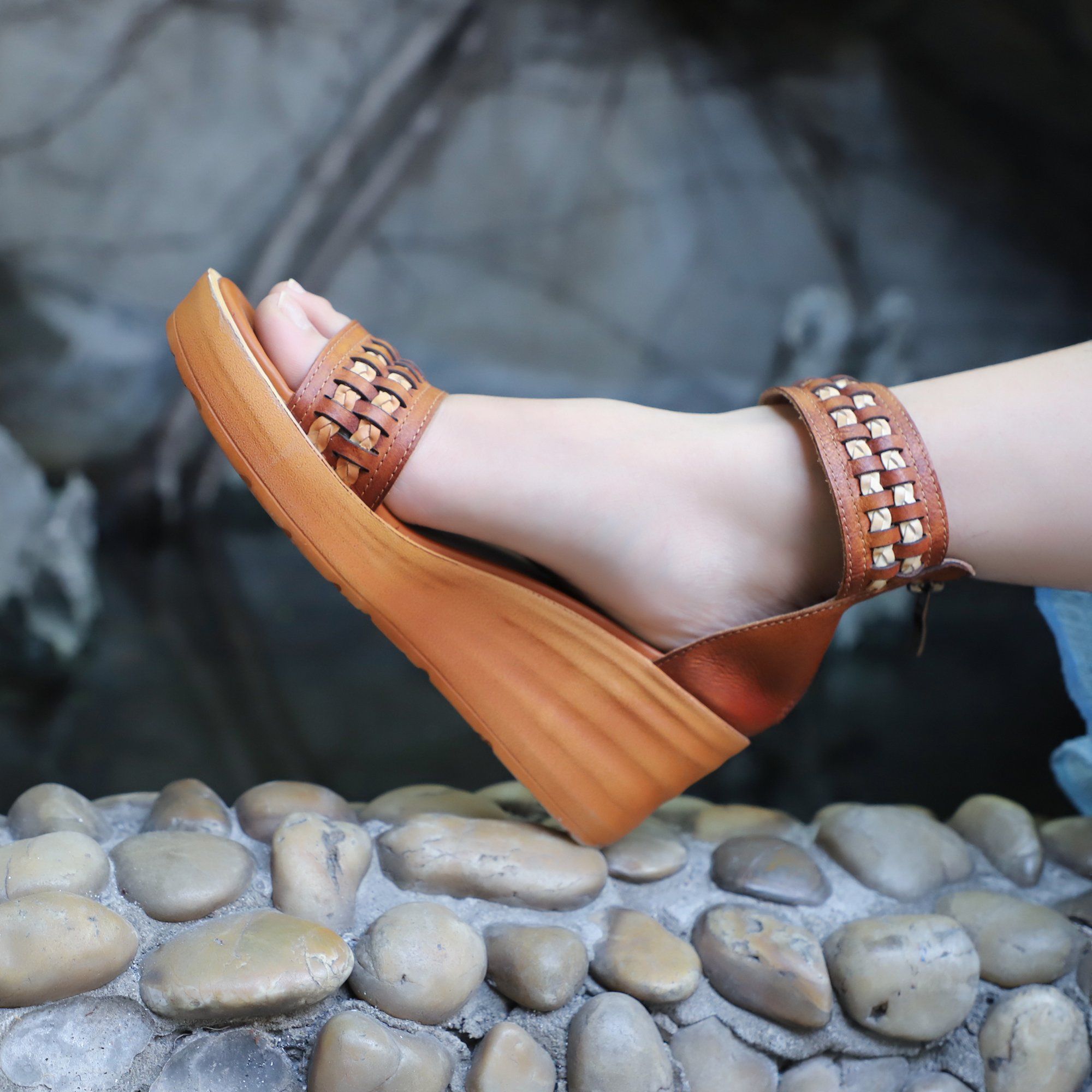 Handmade Genuine Leather Platform Sandals Rivets Coffee/Brown