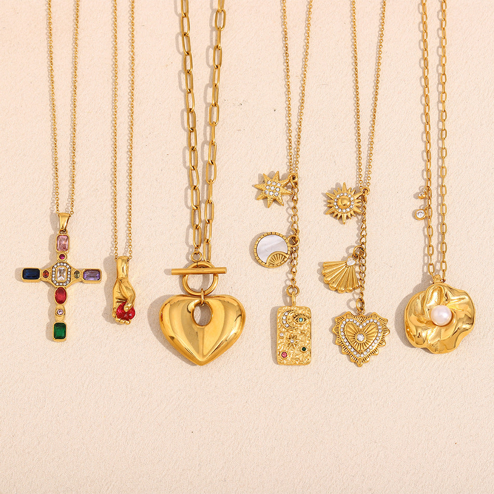 French Retro Cross Square Pendant Stainless Steel 18K Gold Plated Gemstone Love Flower Necklace