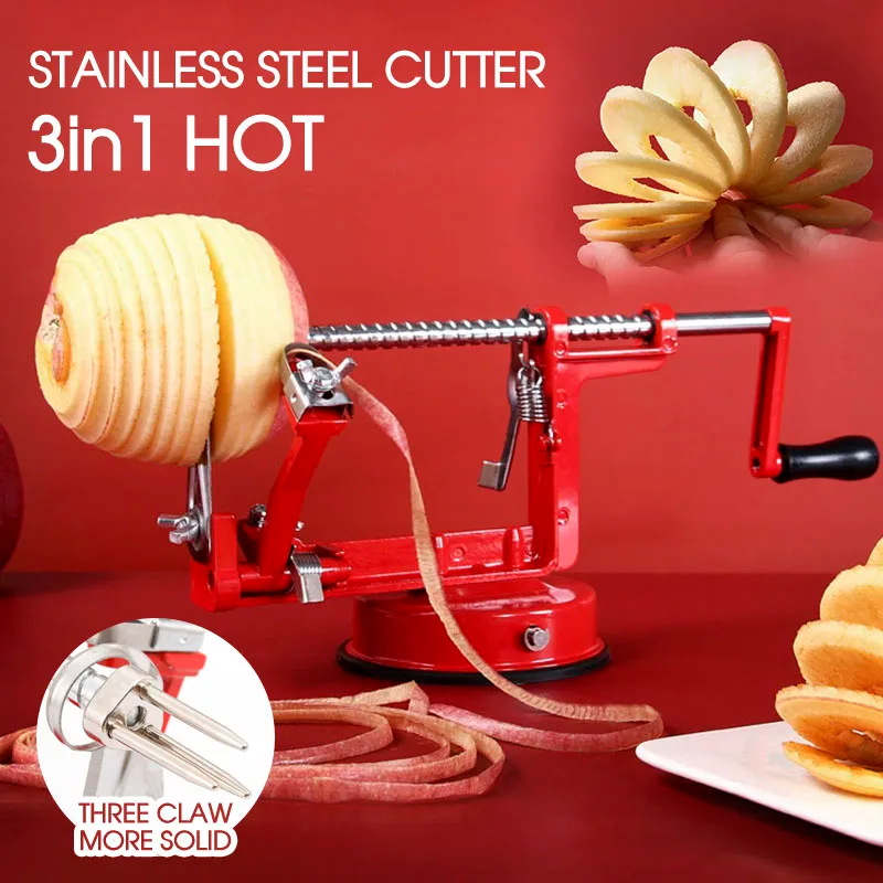 HAND CRANKED 3-IN-1 STAINLESS STEEL FRUIT PEELER. EASY TO USE AND REMOVE PITS