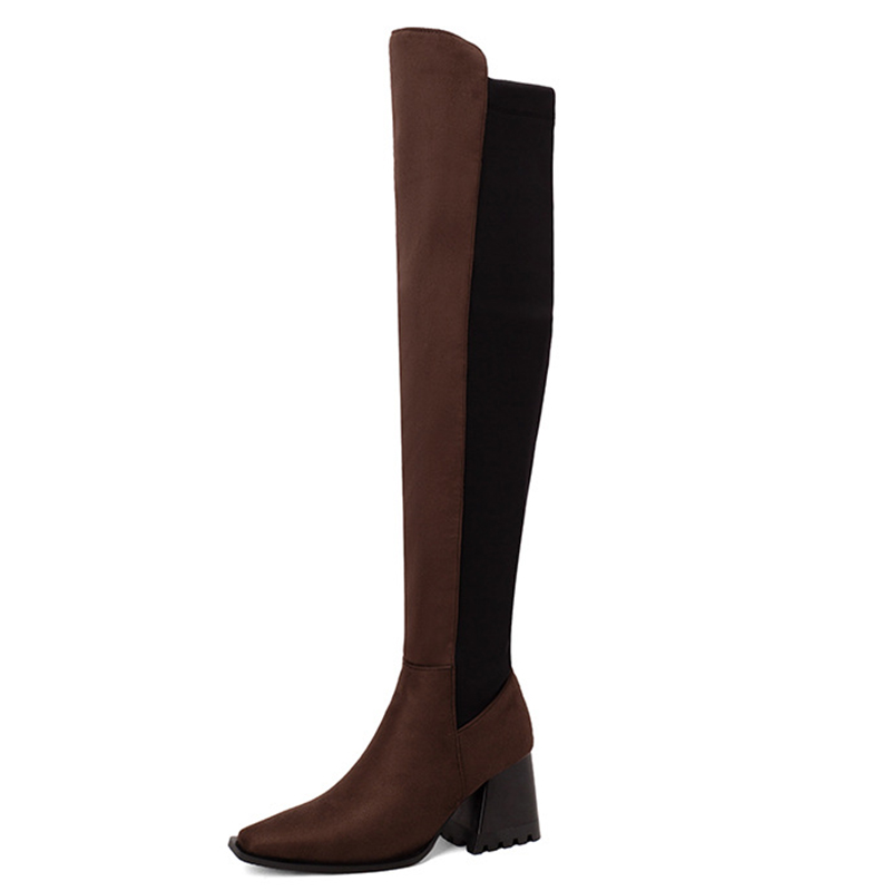Suede Colorblock Patchwork Pointy Toe Chunky Heels High Leg Boots