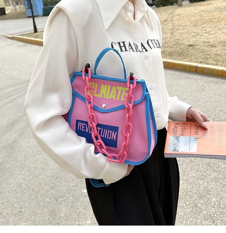 Women's Canvas Color Block Fashion Magnetic Buckle Shoulder Bag Crossbody Bag