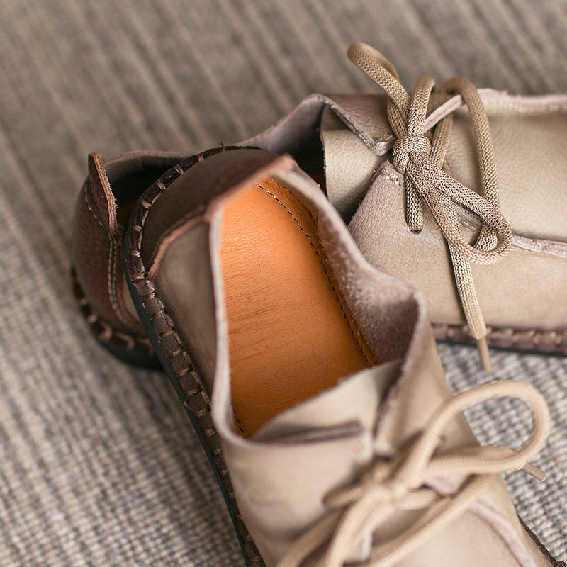 Soft Leather Oxfords & Tie Flats For Women Barefoot Shoes in Brown/Beige Handmade