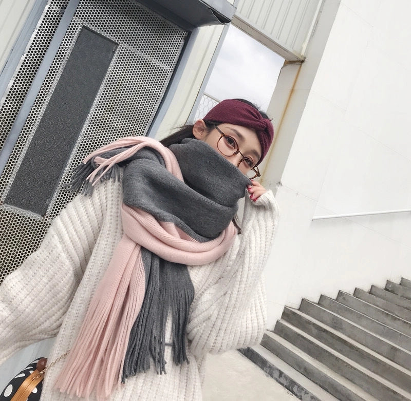 New Contrast Color Fashion Imitation Cashmere Scarf Women's Long Warm Student Scarf Tassel Couple's Shawl