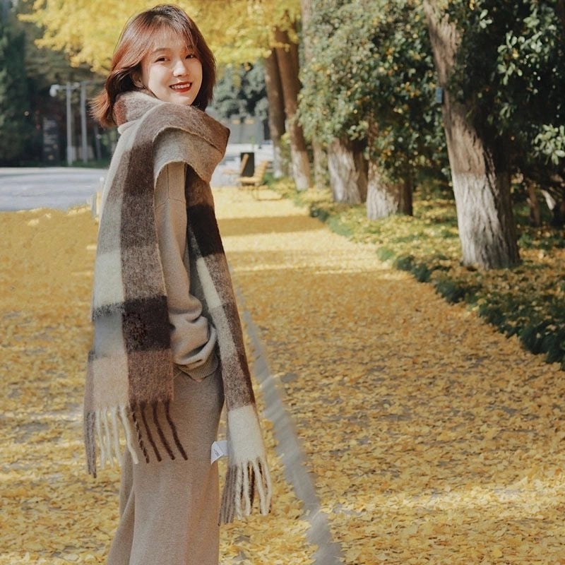 Rainbow Plaid Scarf Women's Autumn And Winter Thickened Mohair Student Couple Contrast Color Matching Thickened