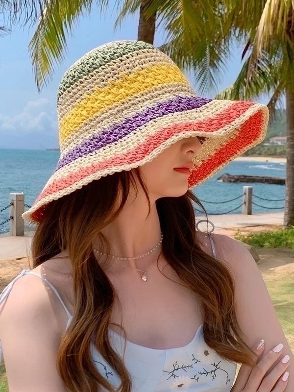 Bohemian Style Women's Foldable Rainbow Color Matching Fisherman Hat Straw Hat