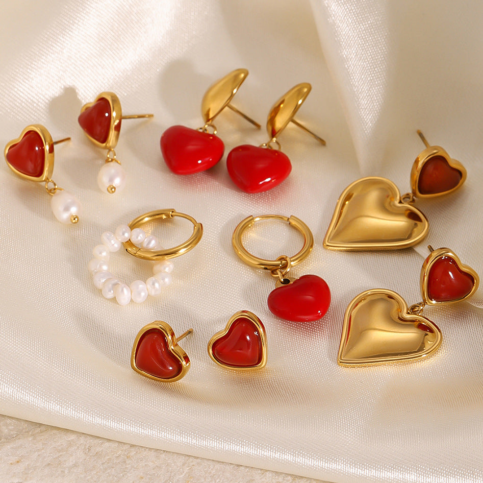 Stainless Steel Oil Drop Heart Earrings Pearl Earrings Titanium Steel Earrings Earring