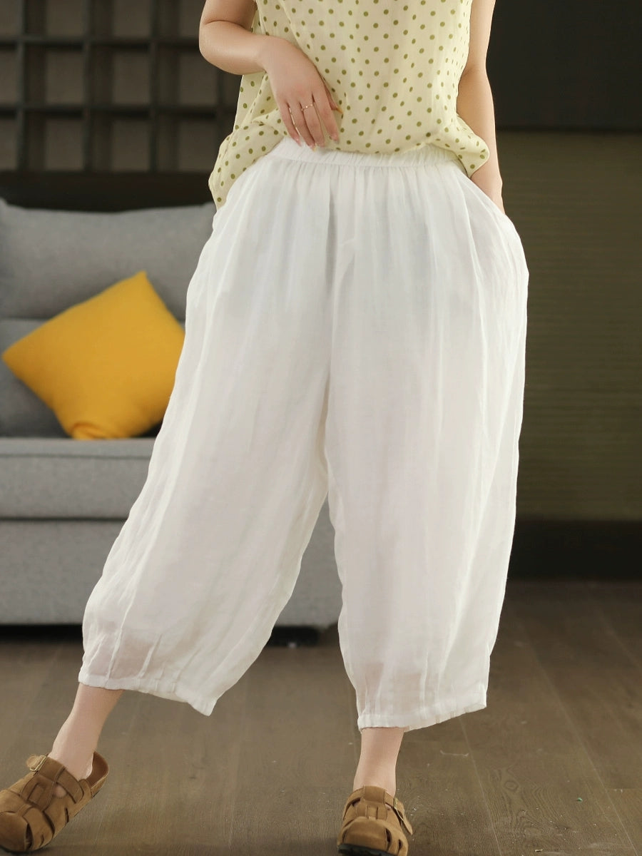 Women Summer Retro Pure Color 100%Ramie Bloomers