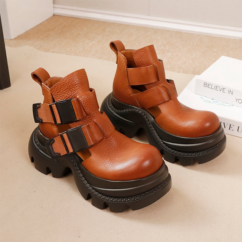 65mm Chunky Platform Cow Leather Ankle Boots Sandals with Double Buckle Black/Brown