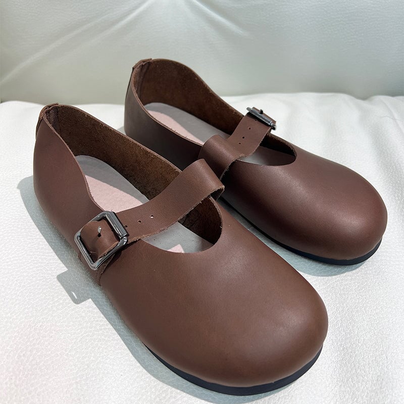 Handmade Women's Calf Leather Mary Jane Shoes Round Toe  Soft Sole Buckle Slip On Black/Beige/Faint Yellow