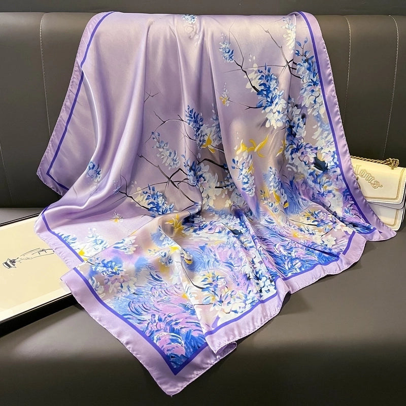 Women's Elegant Sweet Minimalist Color Block Satin Printing Floral Silk Scarf