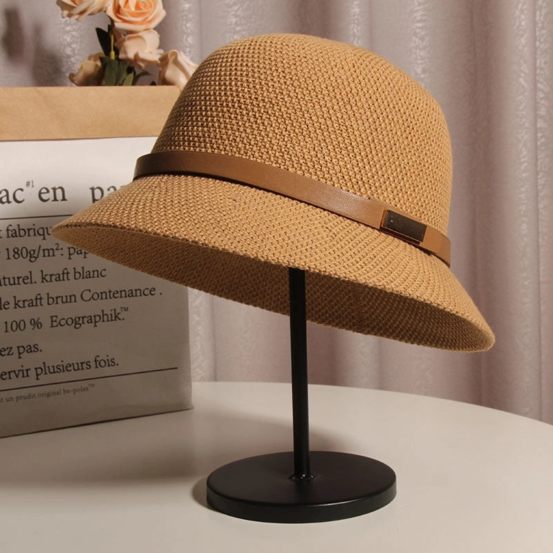 Korean Style Cotton And Linen Knitted Belt Buckle Fisherman Hat Female British Versatile Fashion Sun Protection Basin Hat Simple Top Hat Fashion