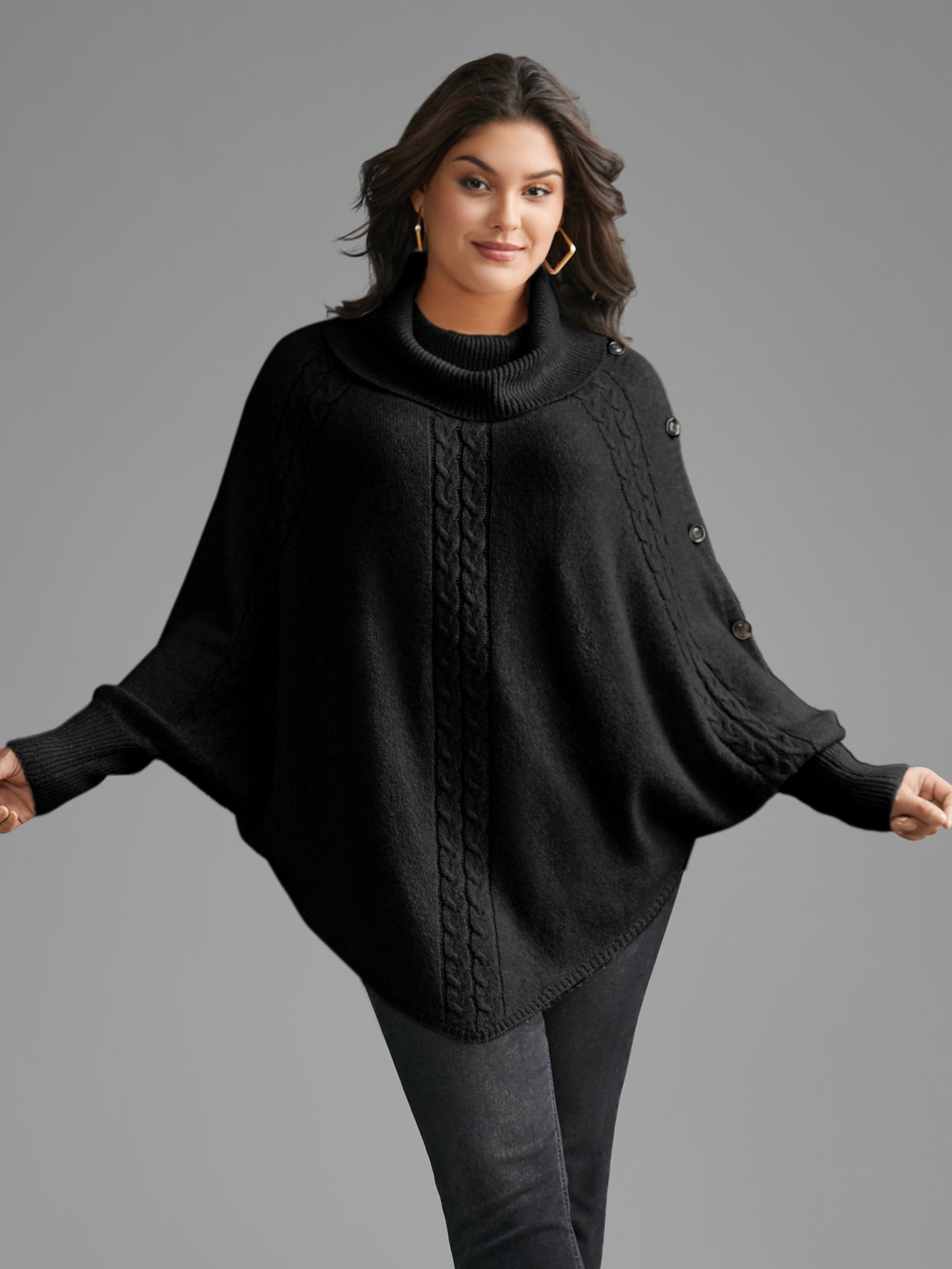 Turtleneck Cable Knit Asymmetrical Hem Pullover
