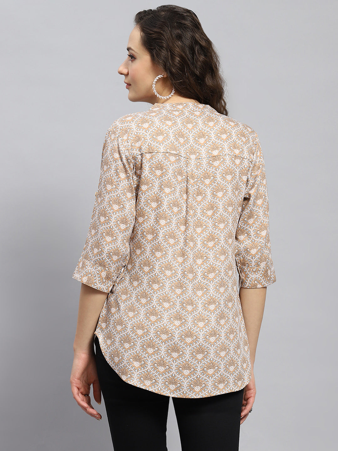 Women Beige Printed Band Collar 3/4 Sleeve Top