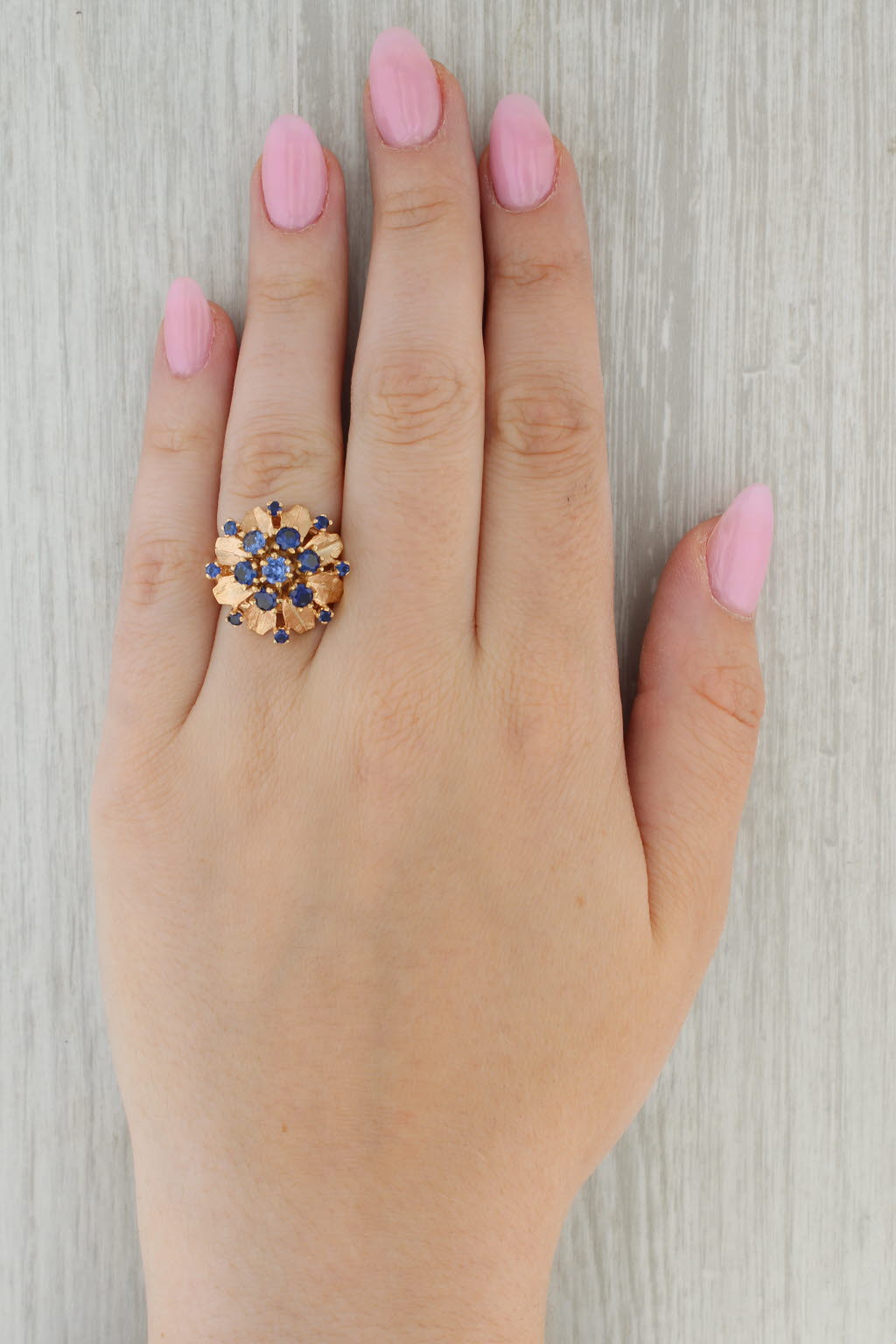 Lab Created Blue Sapphire Flower Cluster Ring 14k Yellow Gold Cocktail Size 7.5