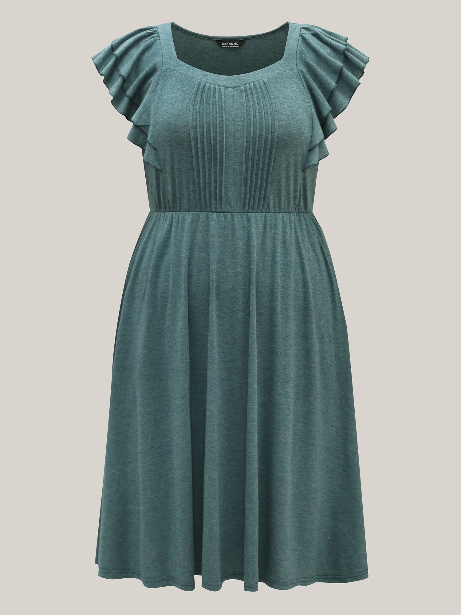 Stretchy Flutter Sleeve Pleated Midi Dress