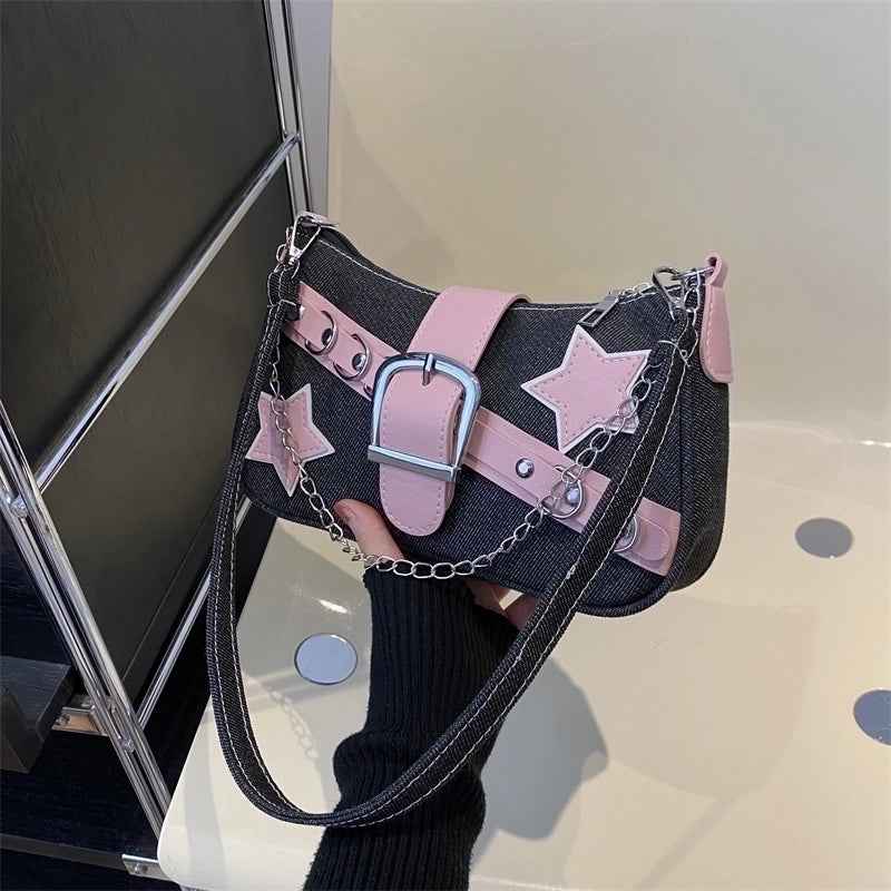 Women's Denim Color Block Star Streetwear Buckle Underarm Bag
