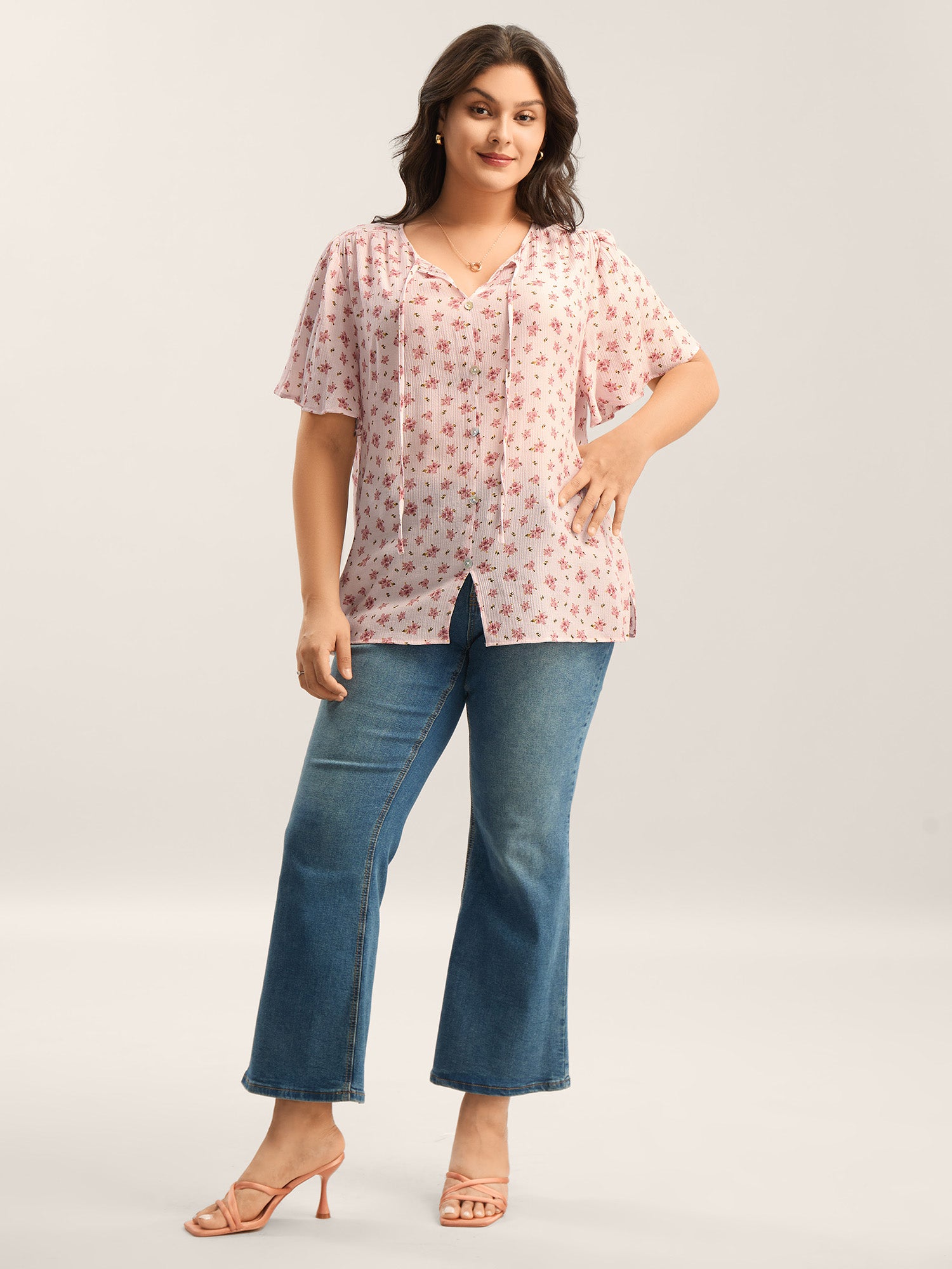 Blushing Floral Print Button Detail Blouse
