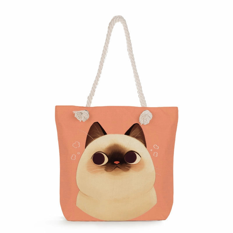 Women's Medium Linen Cat Cute Square Zipper Tote Bag Beach Bag