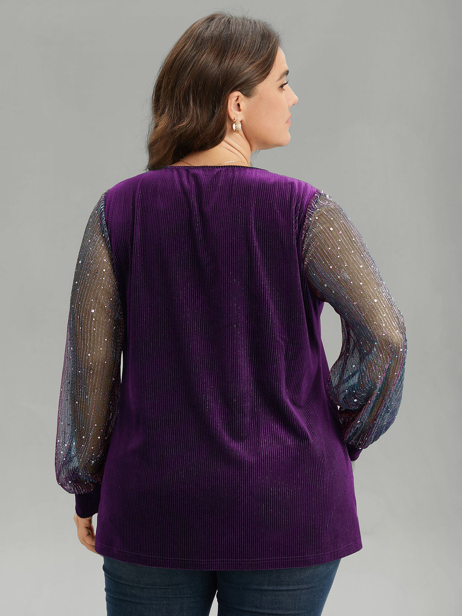 Velvet Patchwork Mesh Sequin Notched T-shirt
