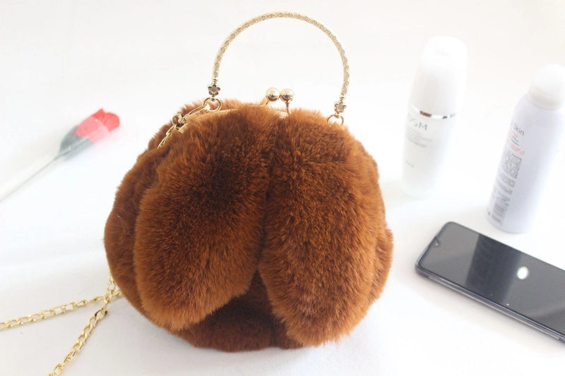 Women's Plush Rabbit Solid Color Cute Round Lock Clasp Handbag Crossbody Bag