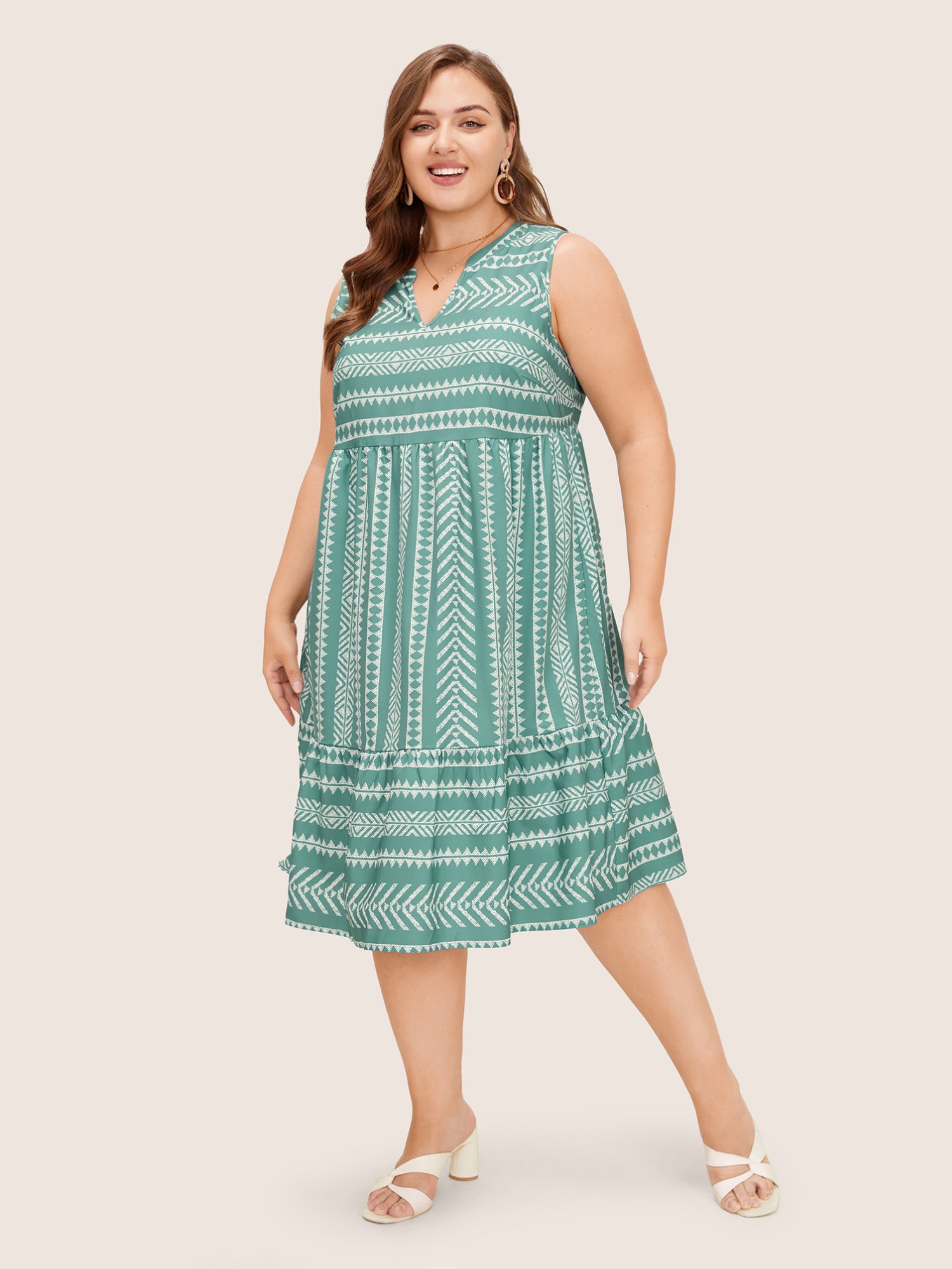 Striped Geometric Pocket Ruffle Hem Sleeveless Tank Dress