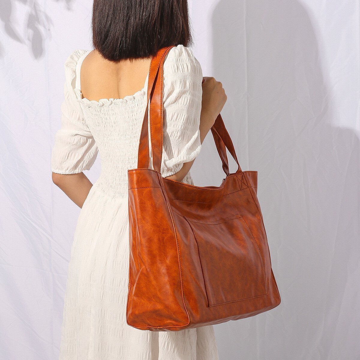 Women's Large Soft Leather Tote Bag With Pocket