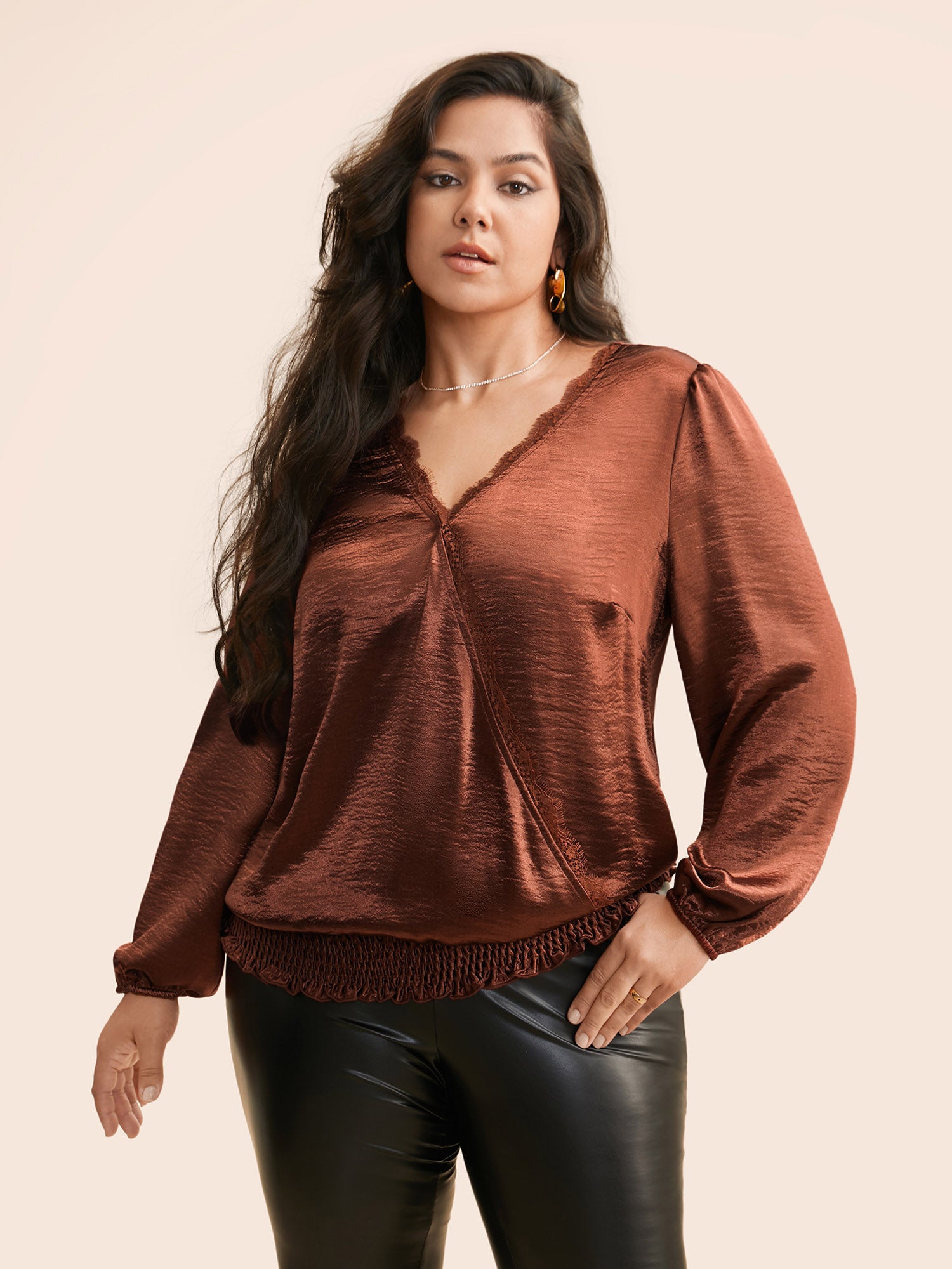 Overlap Collar Shirred Lace Trim Blouse