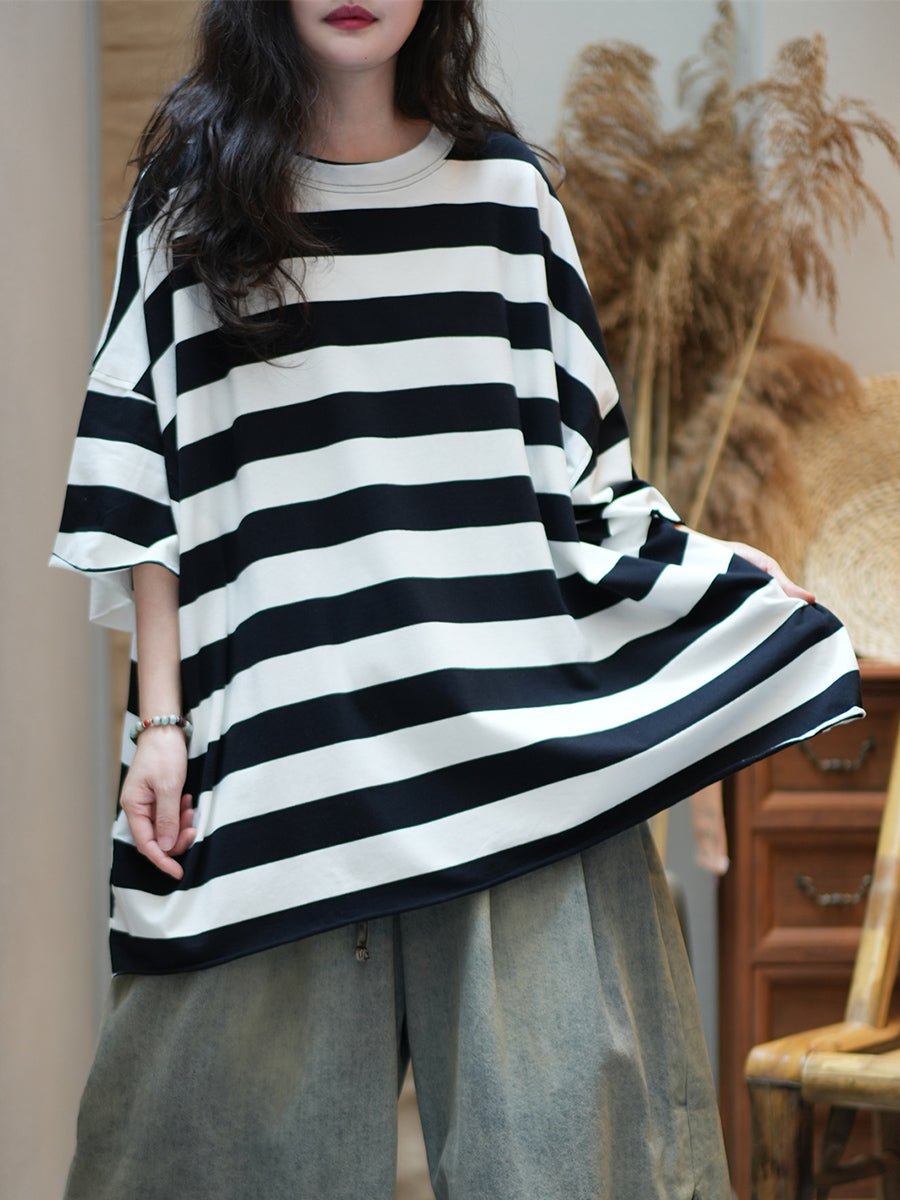 Women Summer Casual Stripe O-Neck Cotton Shirt