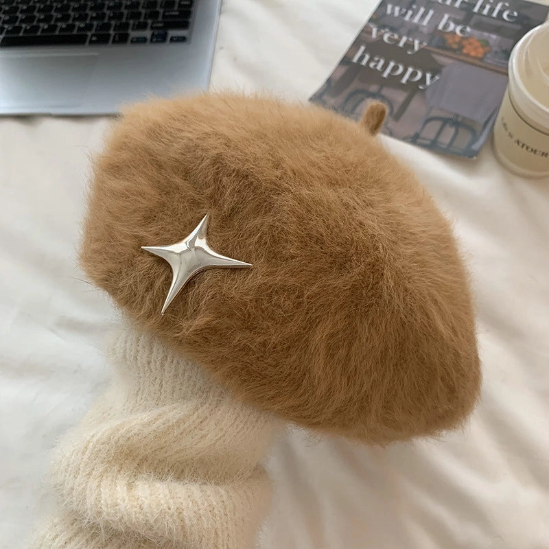 New White Plush Rabbit Fur Anti-wear Beret For Women New Autumn And Winter Face-looking Small Forward Hat Painter Hat