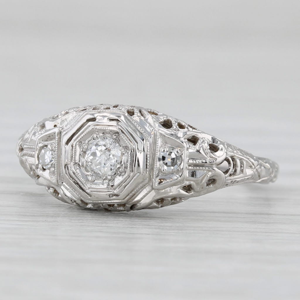 Vintage Art Deco Diamond Engagement Ring 18k White Gold Size 6.5