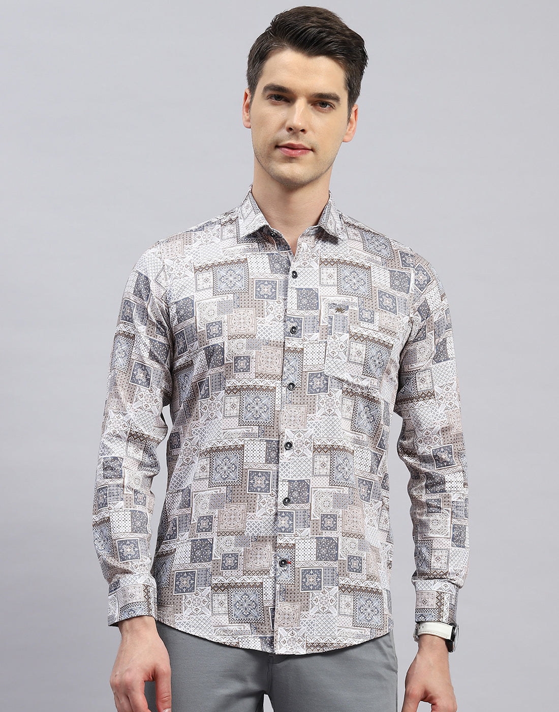 Men Brown Printed Collar Full Sleeve Shirt