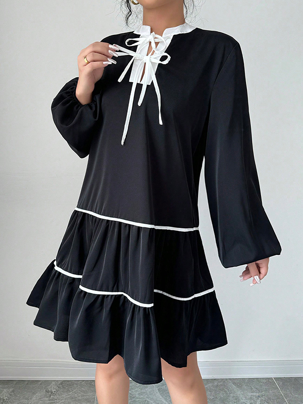 A-Line Long Sleeves Elasticity Pleated Tied V-Neck Mini Dresses
