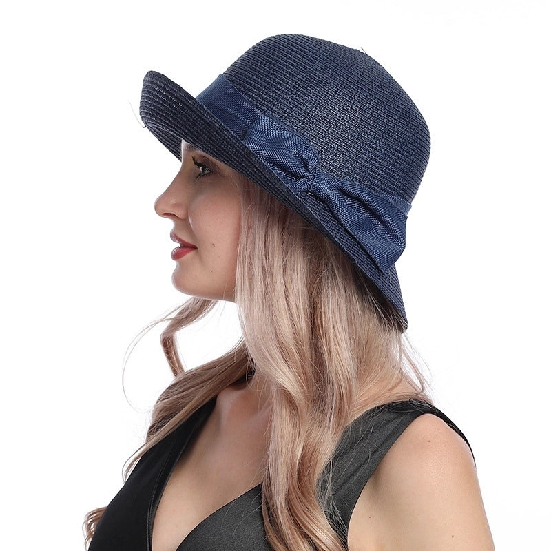 Women's Casual Retro Solid Color Bowknot Crimping Straw Hat