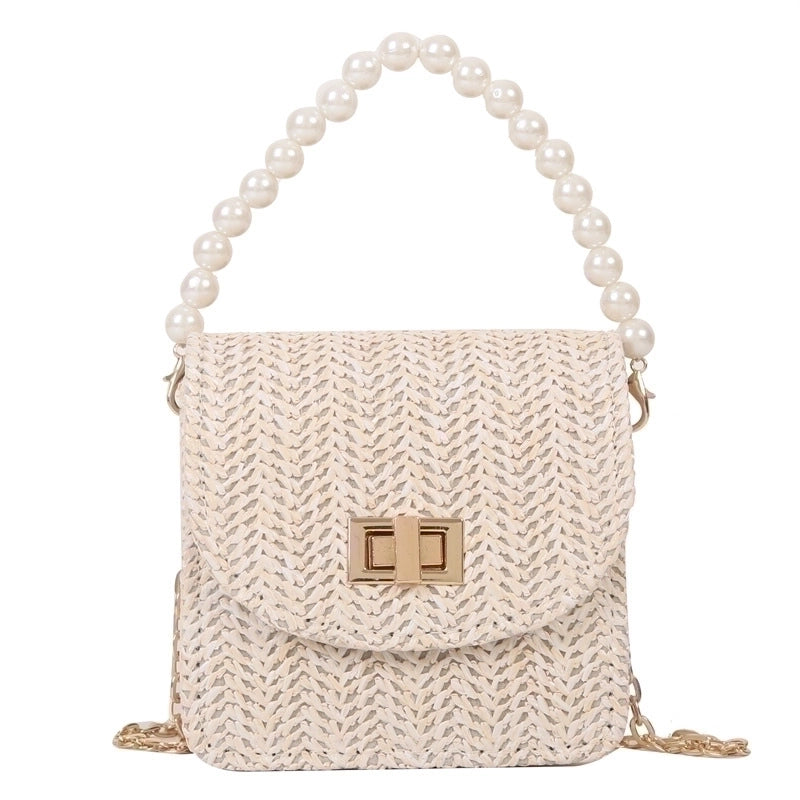 Women's Mini Straw Solid Color Elegant Pearls Lock Clasp Straw Bag